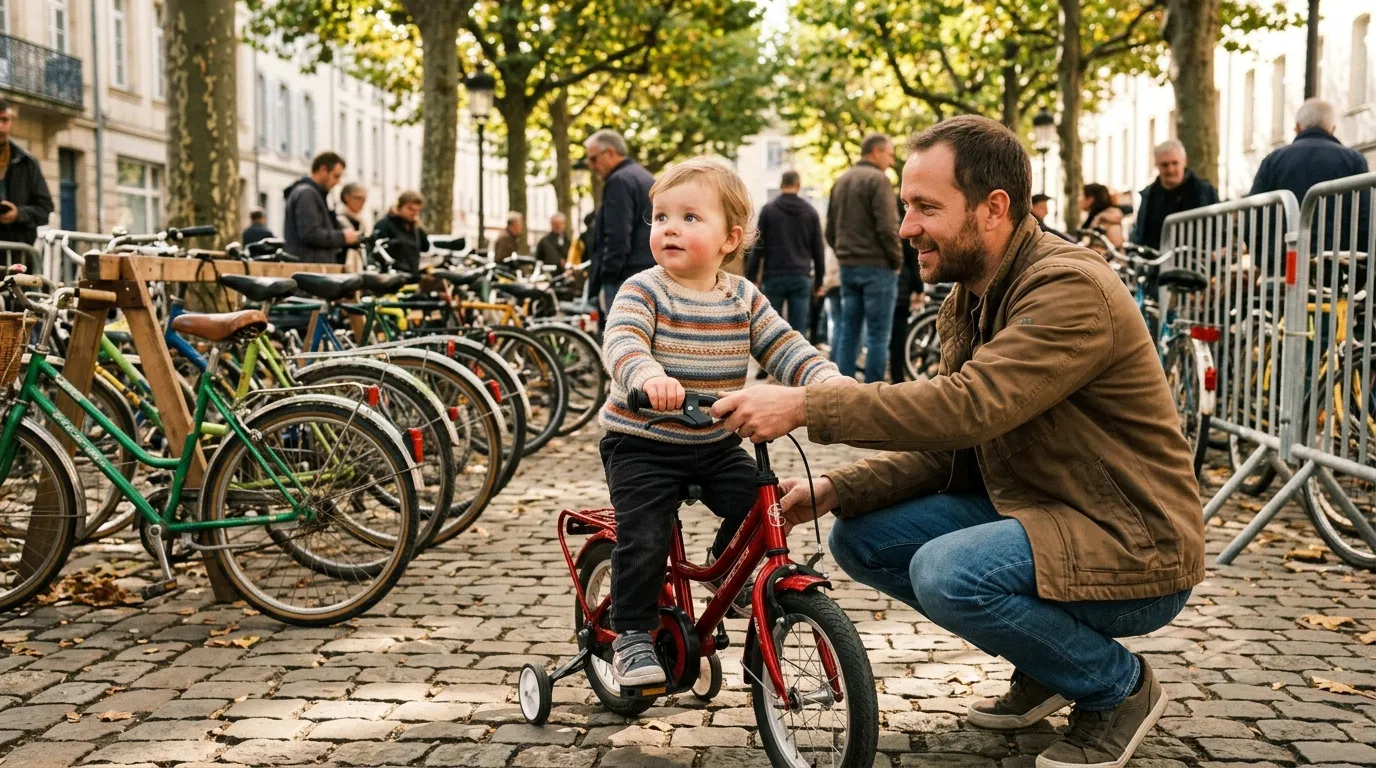 P&egrave;re aide son jeune fils sur un v&eacute;lo rouge dans une rue parisienne