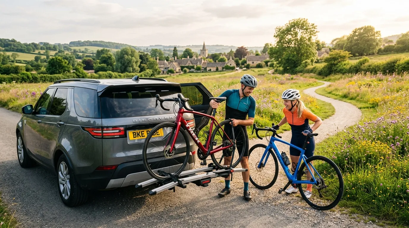 Deux cyclistes chargent leurs v&eacute;los sur un porte-v&eacute;los automobile