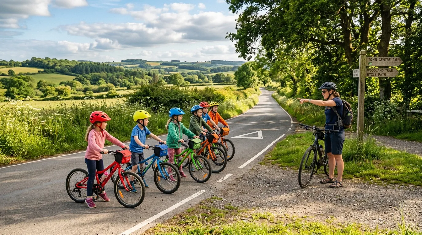 Enfants &agrave; v&eacute;lo sur route de campagne avec instructeur