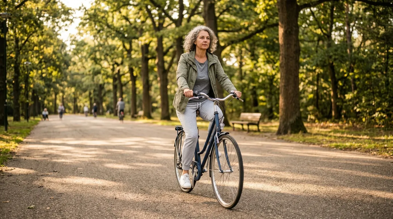 Femme d'&acirc;ge moyen &agrave; v&eacute;lo sur une all&eacute;e foresti&egrave;re.