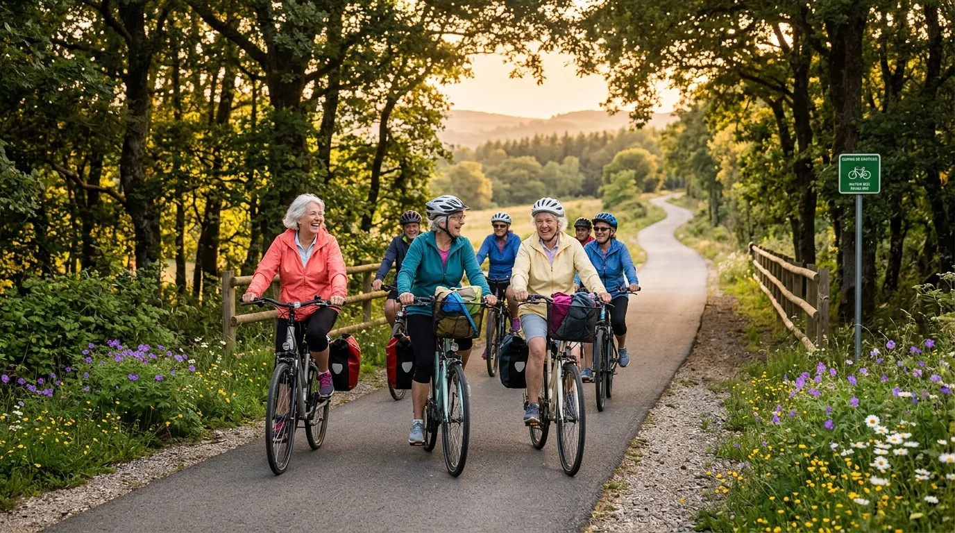 Groupe de cyclistes souriants pédalant sur une piste verte