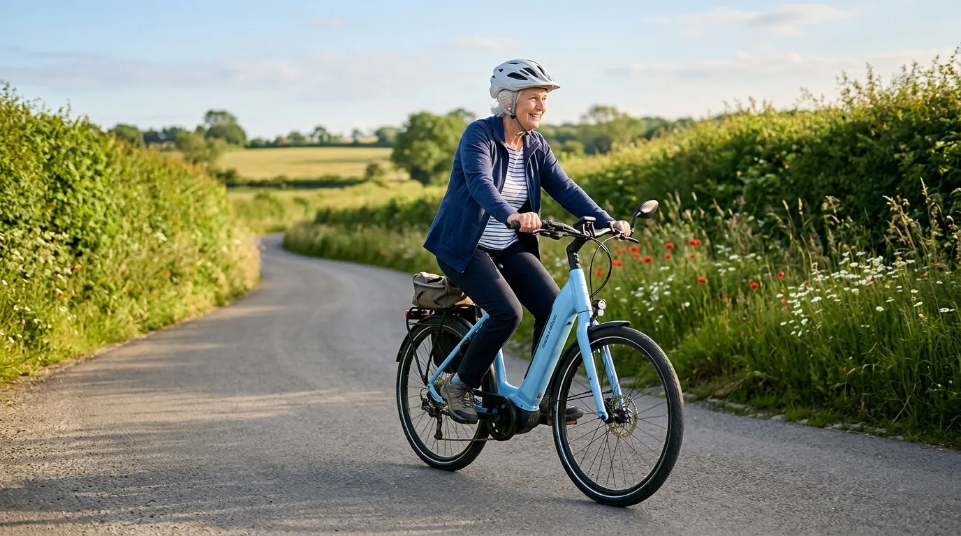 Femme senior à vélo électrique bleu sur route rurale