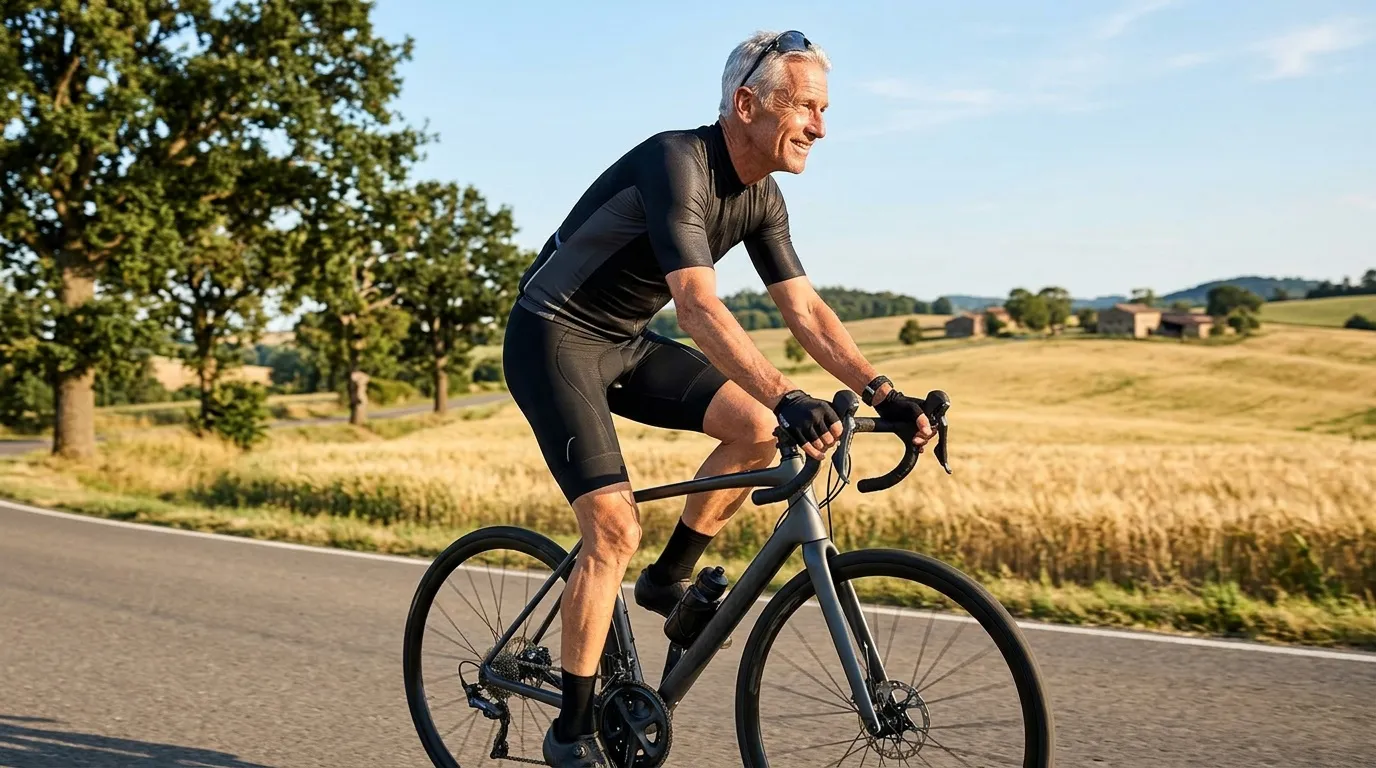 Homme âgé à vélo sur route campagnarde ensoleillée