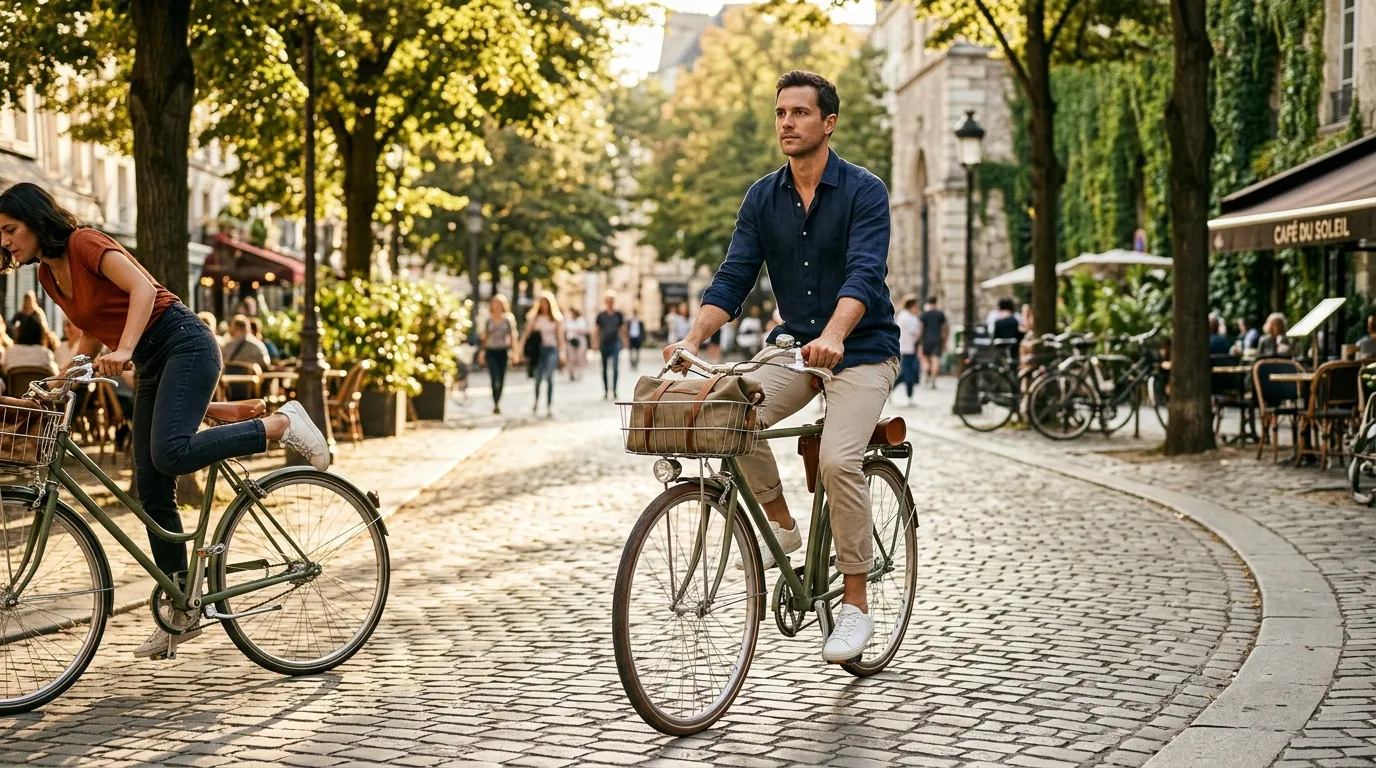 Homme à vélo dans une rue pavée avec arbres et cafés