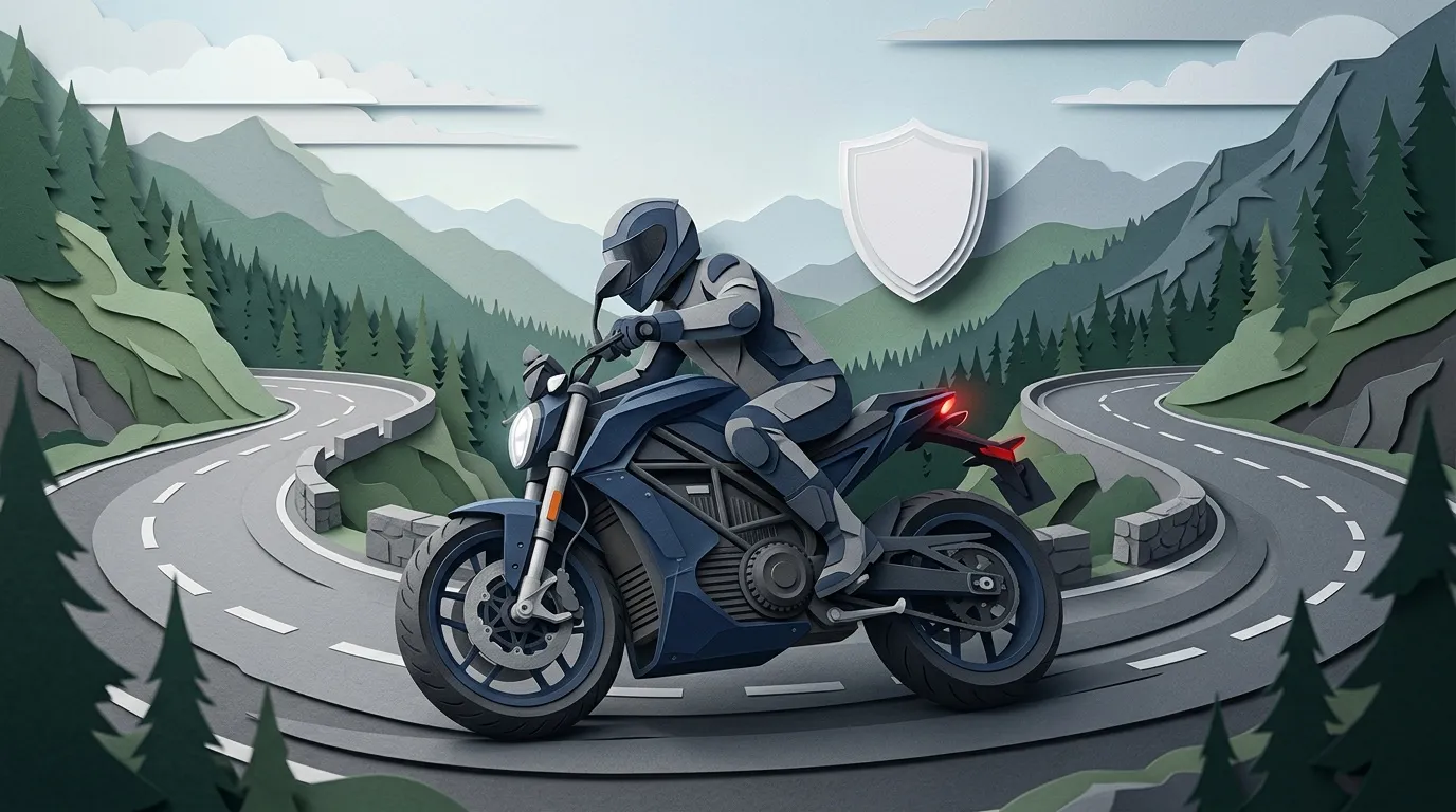Motard casqué sur route sinueuse en montagne forestière