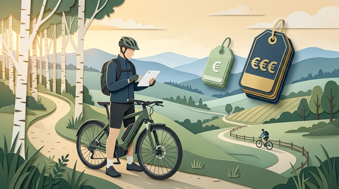 Cycliste examine des étiquettes de prix en euros lors d'une balade