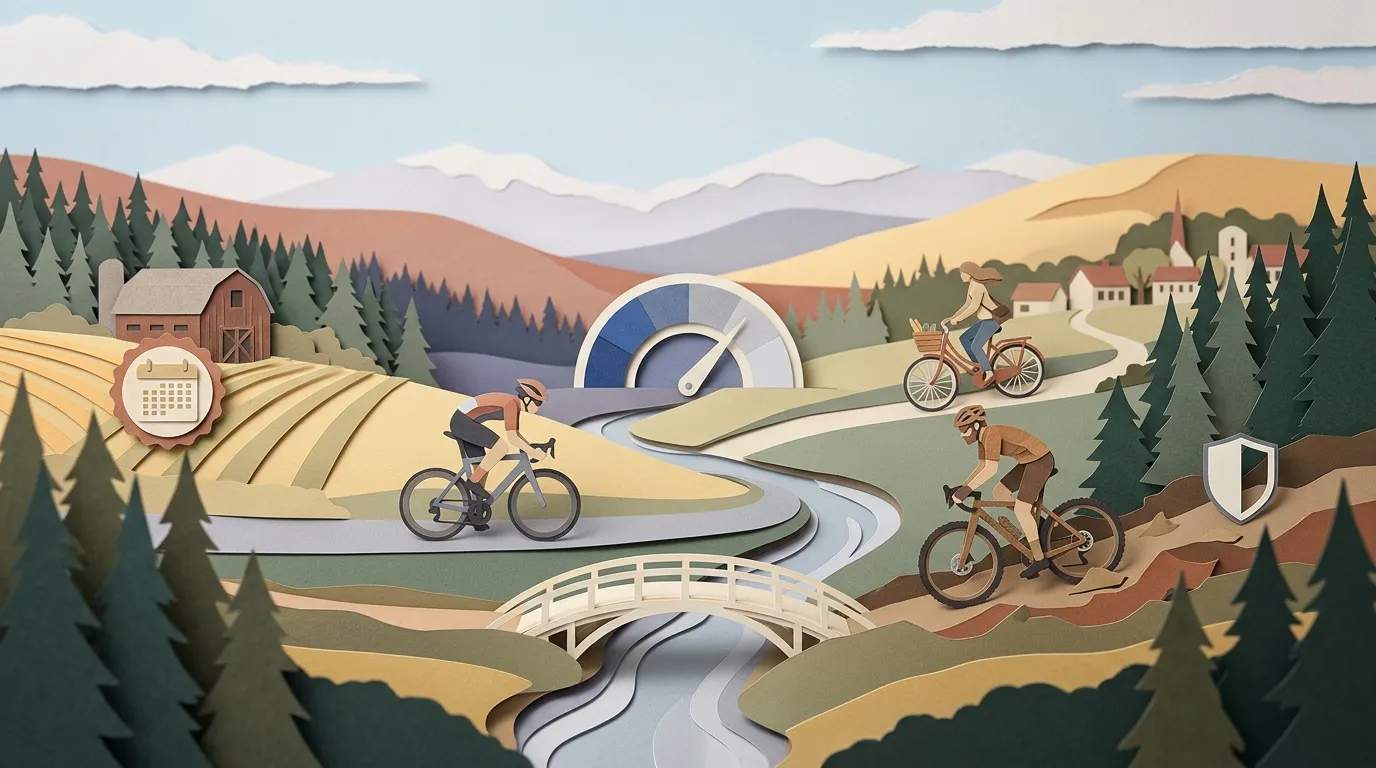 Trois cyclistes sur routes sinueuses traversant campagne vallonnée