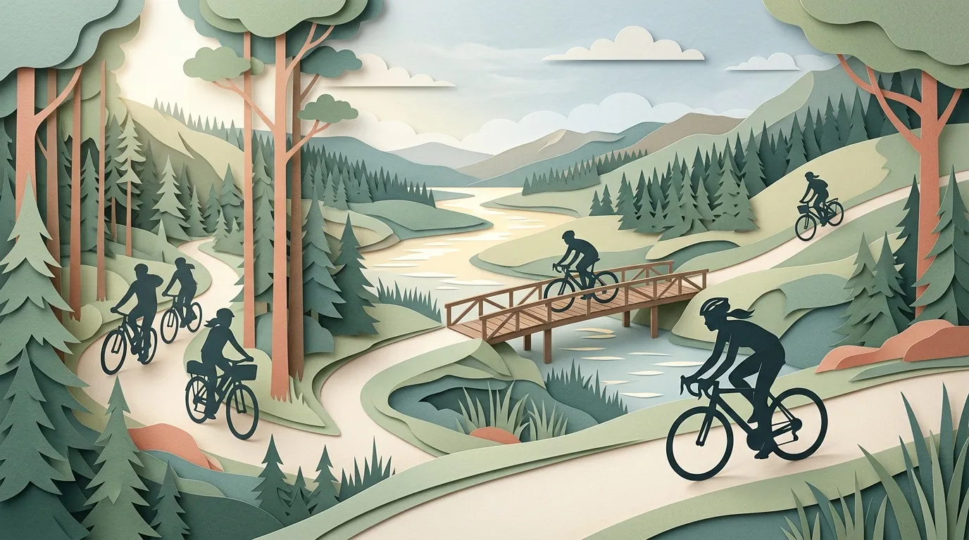 Cyclistes p&eacute;dalant sur un sentier forestier montagneux avec rivi&egrave;re et pont