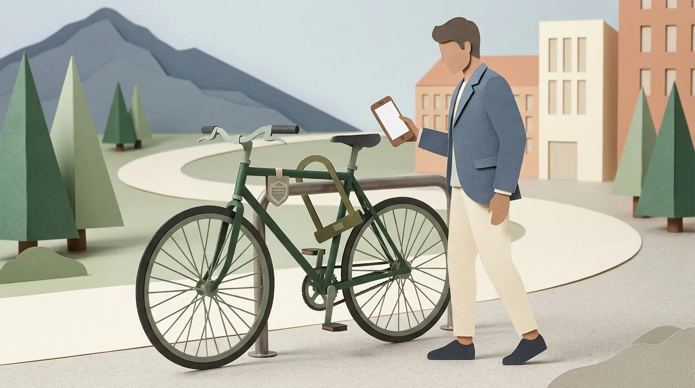 Homme en costume consulte son t&eacute;l&eacute;phone pr&egrave;s d'un v&eacute;lo