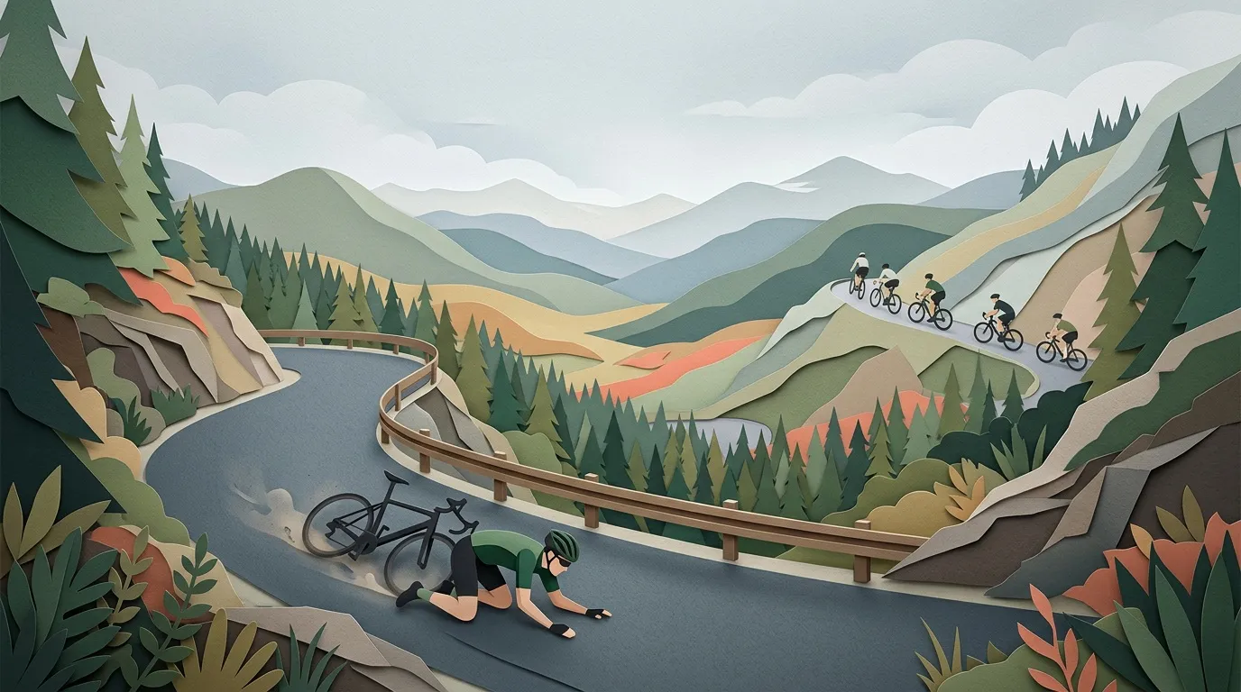 Cyclistes sur route de montagne avec paysage forestier vallonn&eacute;