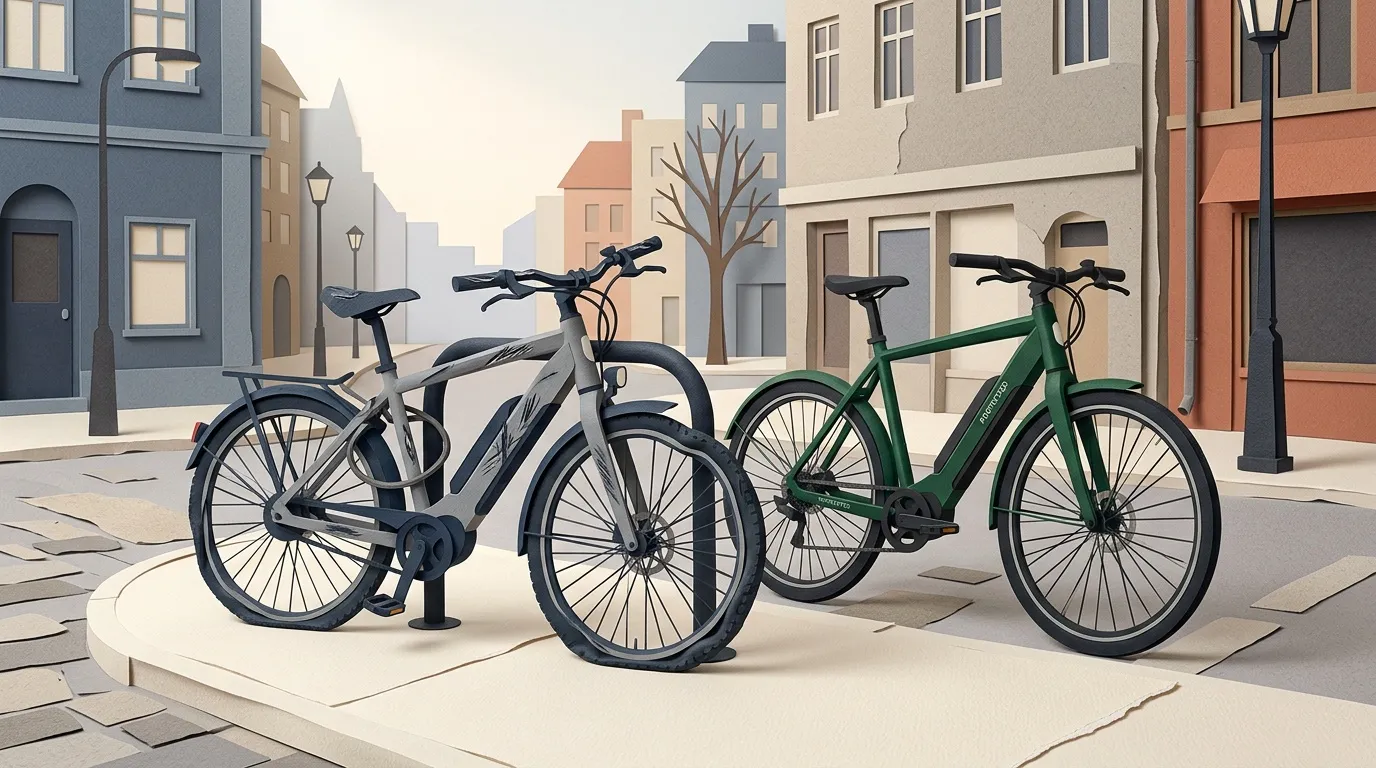Trois v&eacute;los color&eacute;s stationn&eacute;s sur un trottoir de ville europ&eacute;enne