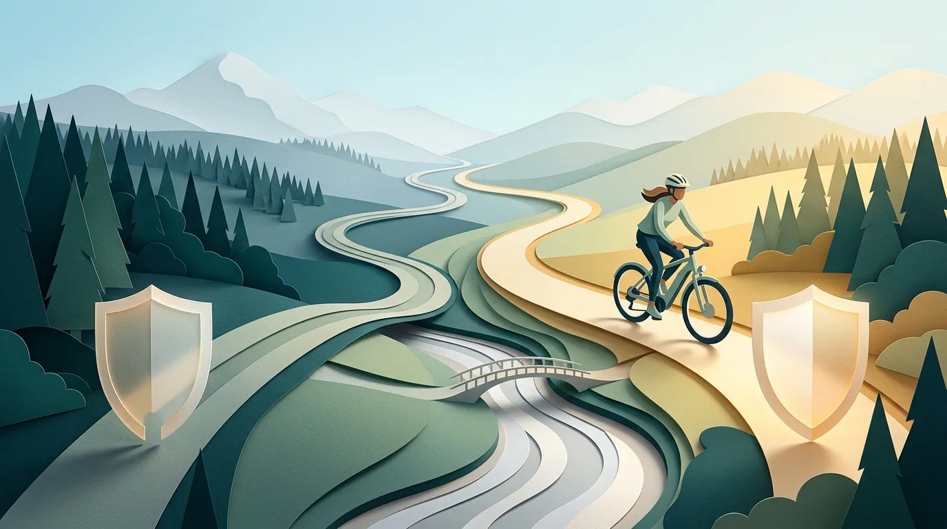 Cycliste p&eacute;dalant sur route sinueuse entre montagnes et for&ecirc;ts