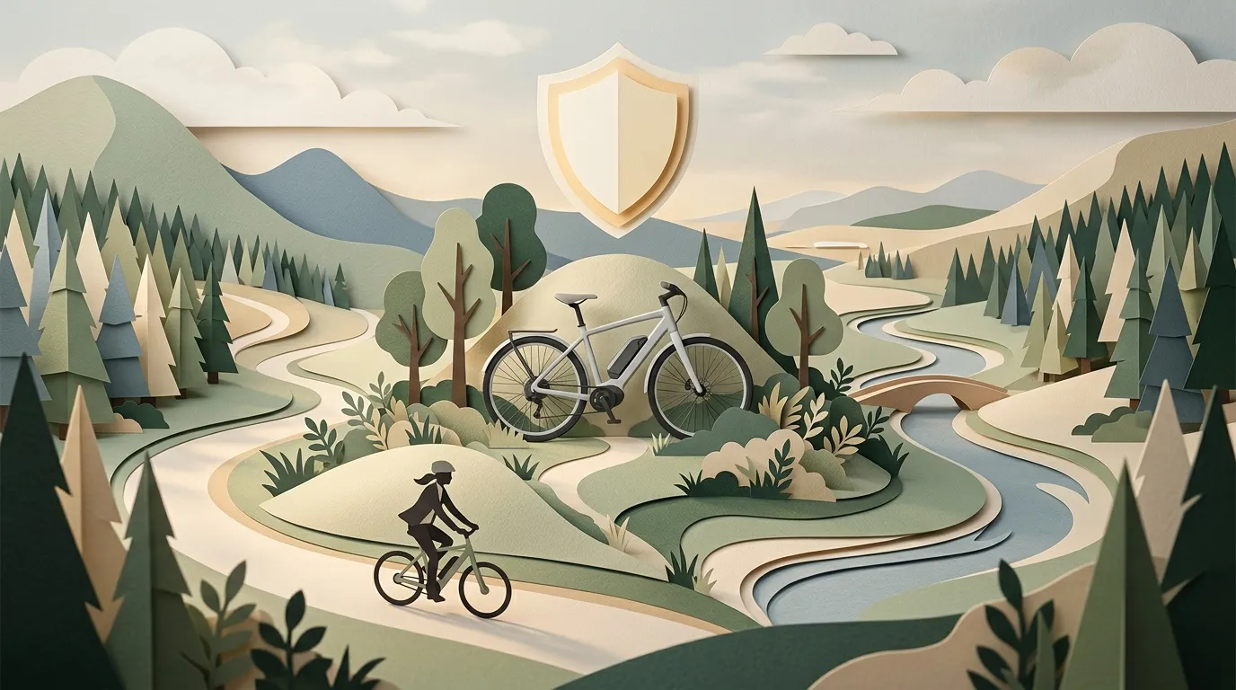 Illustration papier d&eacute;coup&eacute; : cyclistes en route s&eacute;curis&eacute;e, paysage montagneux