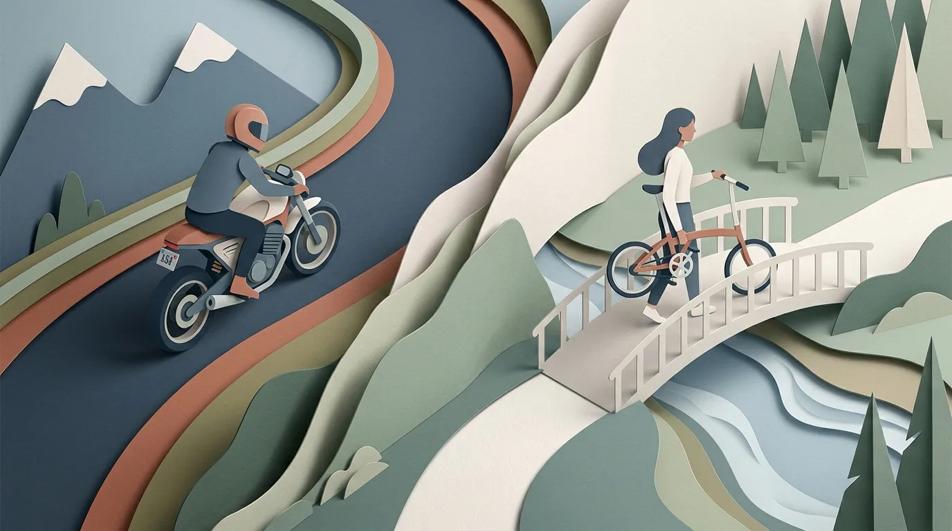 Homme moto montagne, femme v&eacute;lo for&ecirc;t, art papier