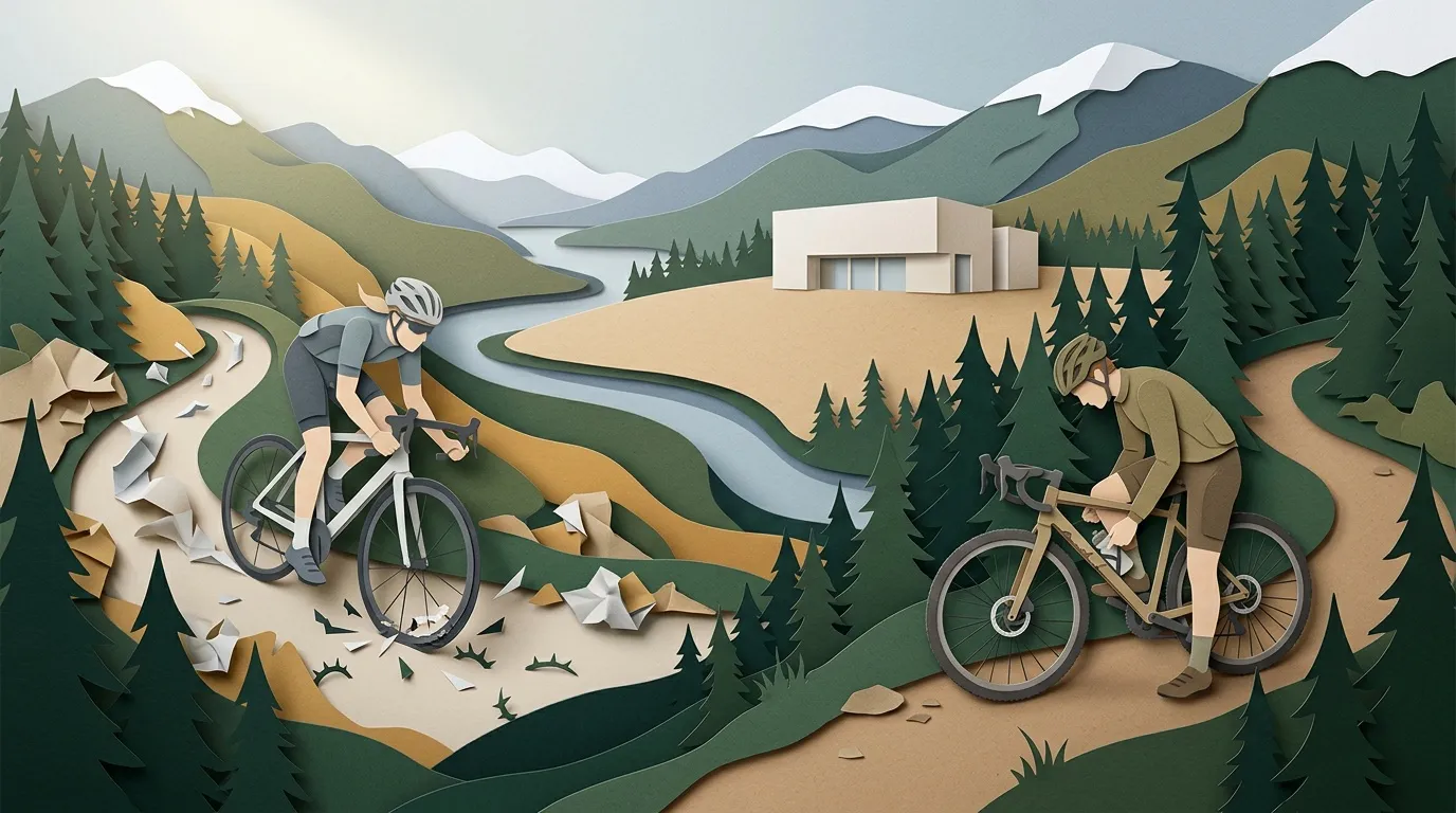 Deux cyclistes p&eacute;dalent dans un paysage montagneux avec for&ecirc;ts et maison