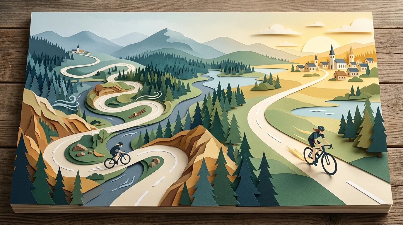Art papier 3D : deux cyclistes sur routes sinueuses en montagne