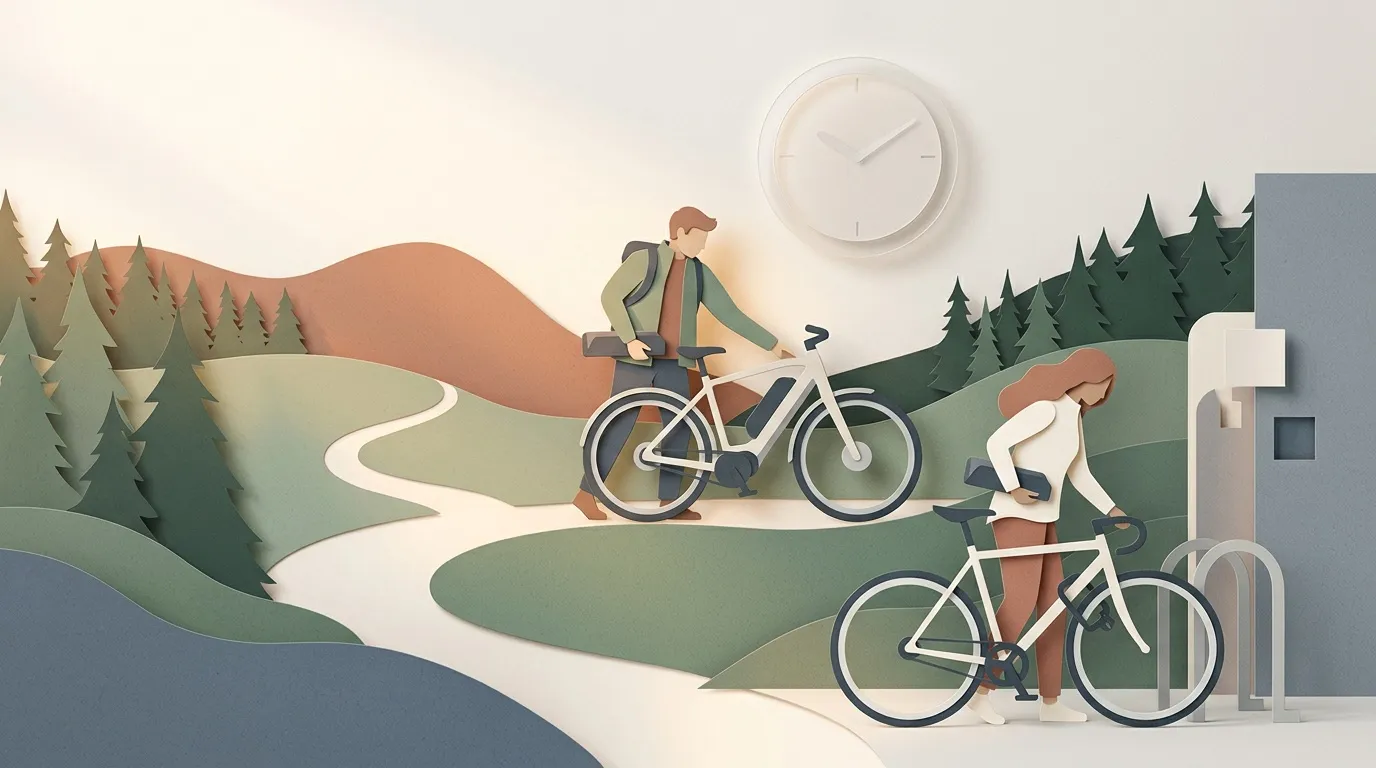 Deux cyclistes avec vélos dans un paysage naturel et urbain