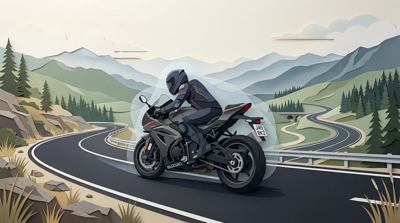Motocycliste sur Suzuki traversant route sinueuse montagneuse
