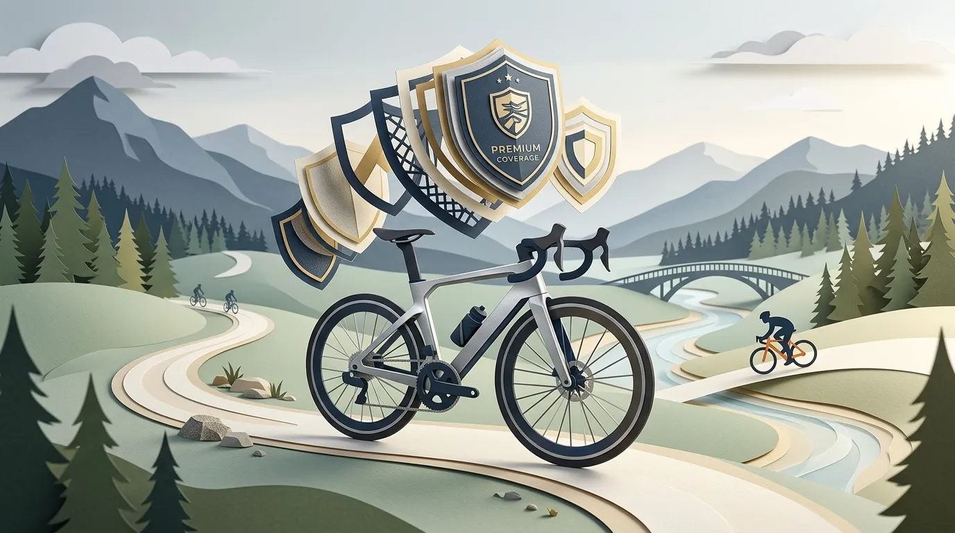 Vélo de route avec boucliers de protection dans paysage montagneux