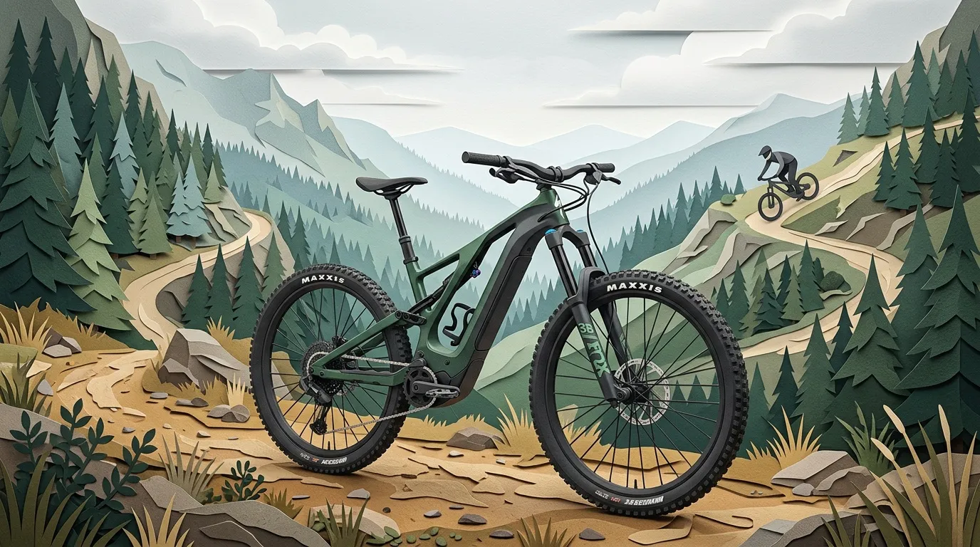 V&eacute;lo &eacute;lectrique dans un paysage montagneux forestier