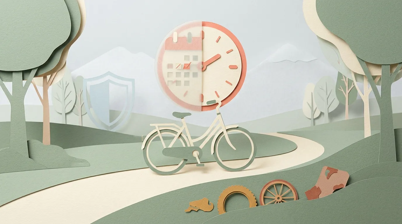 Illustration papier : v&eacute;lo avec horloge dans paysage naturel