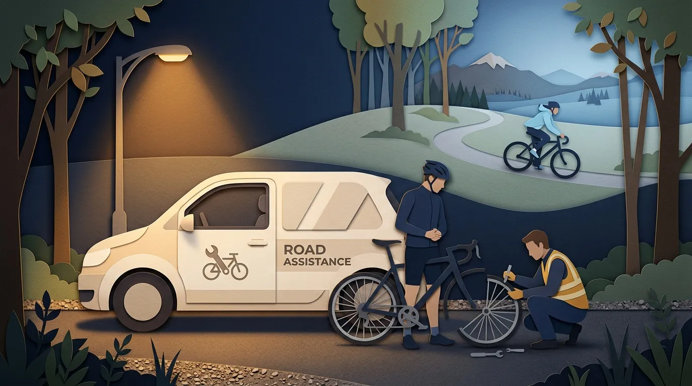Technicien r&eacute;pare un v&eacute;lo pr&egrave;s d'un fourgon d'assistance routi&egrave;re