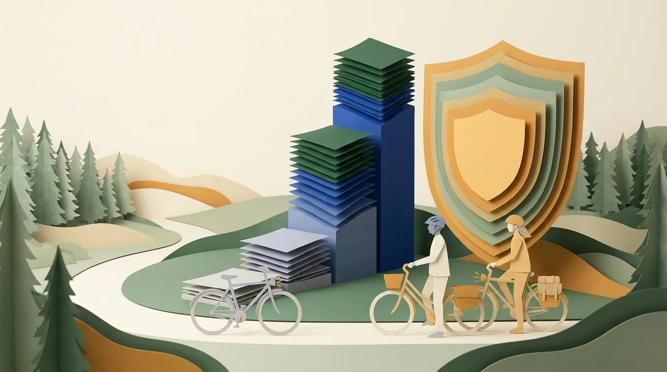 Deux cyclistes devant un grand bouclier de protection en couches