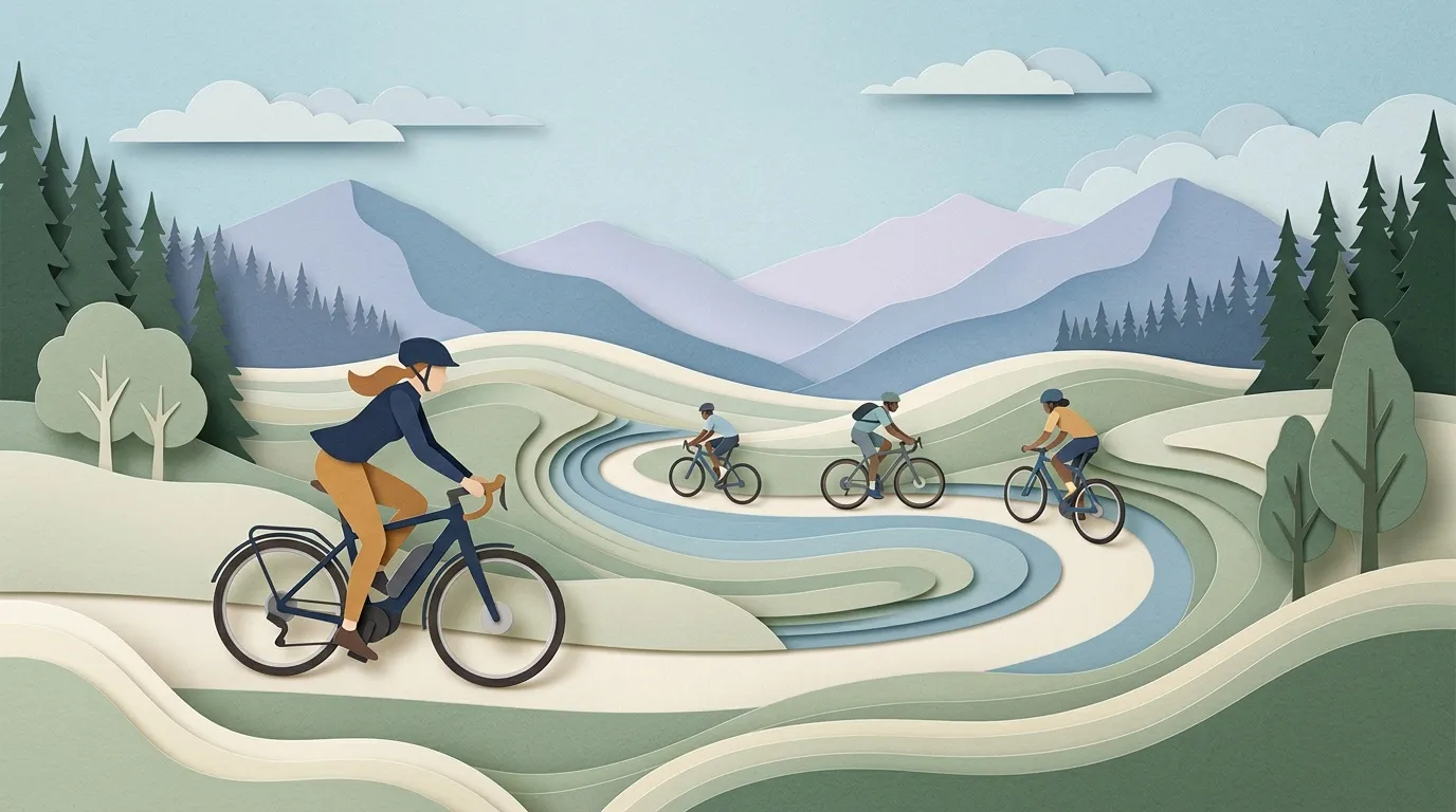 Groupe de cyclistes p&eacute;dalant dans un paysage montagneux avec rivi&egrave;re
