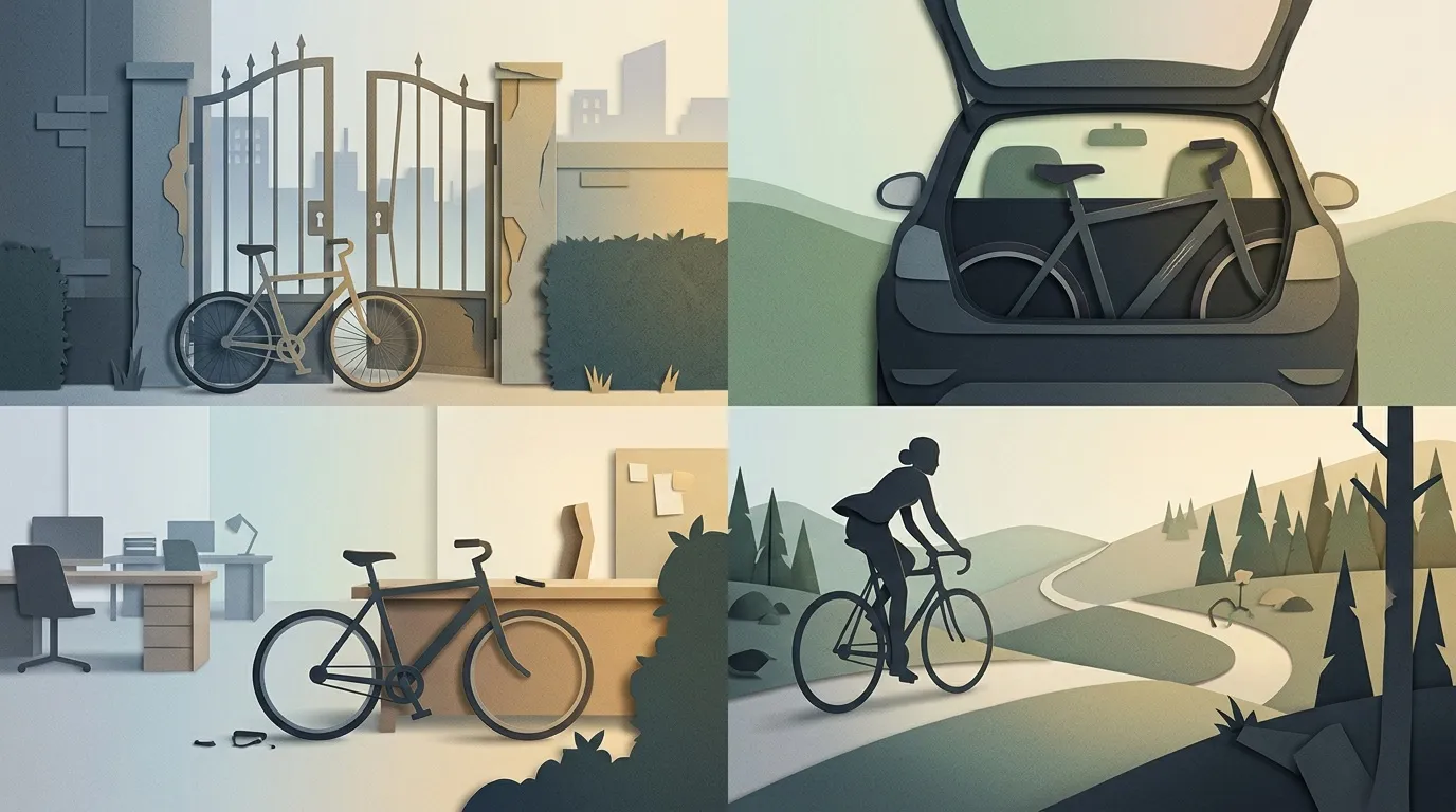 Quatre scènes illustrant le vélo en milieux urbain, professionnel et naturel.