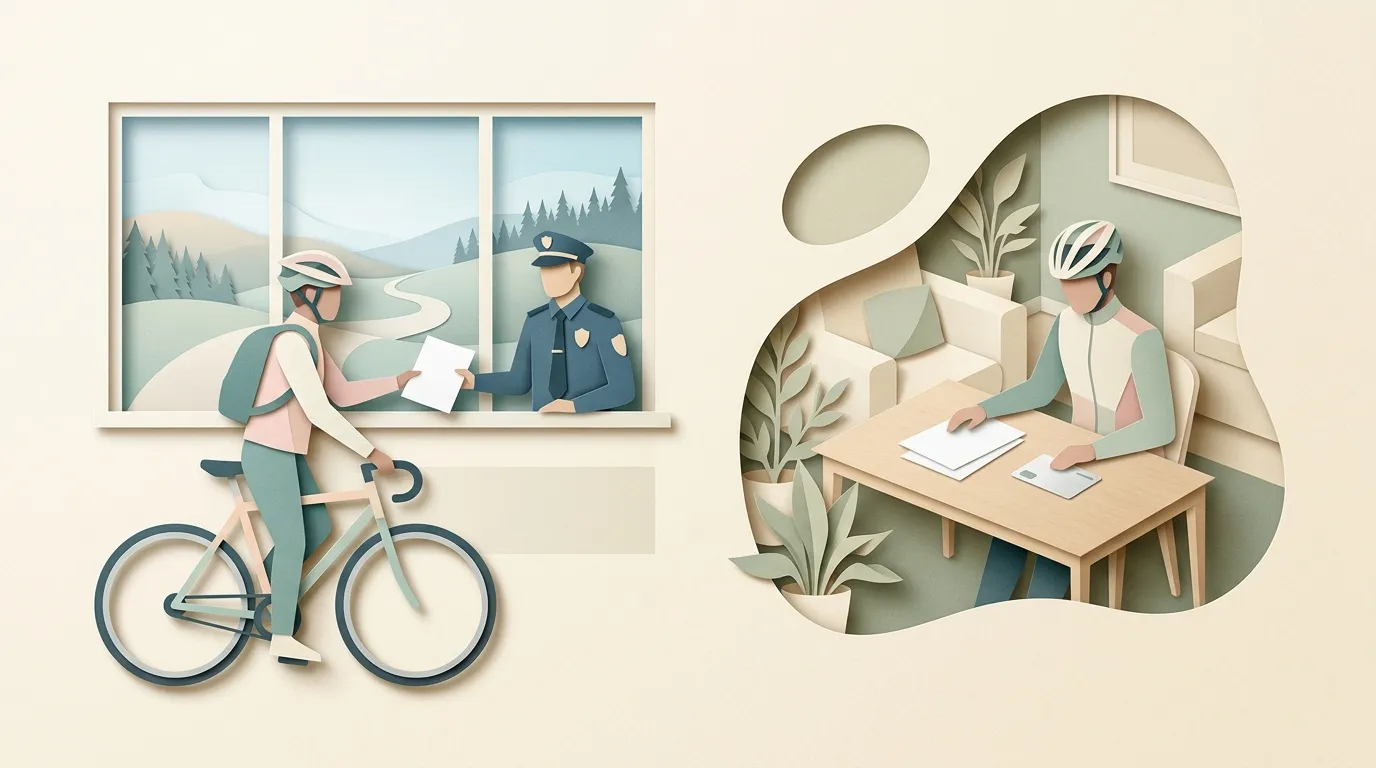 Cycliste livrant un colis &agrave; un policier, employ&eacute; travaillant au bureau