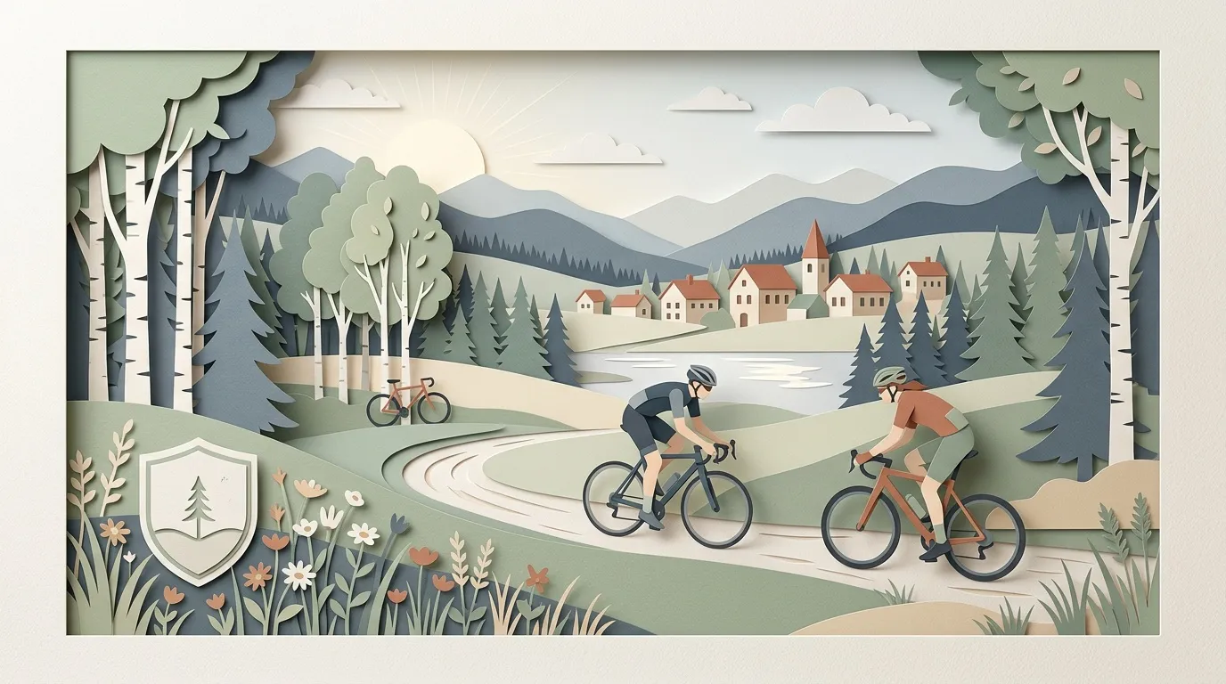 Trois cyclistes p&eacute;dalent sur route sinueuse, village montagneux en arri&egrave;re-plan