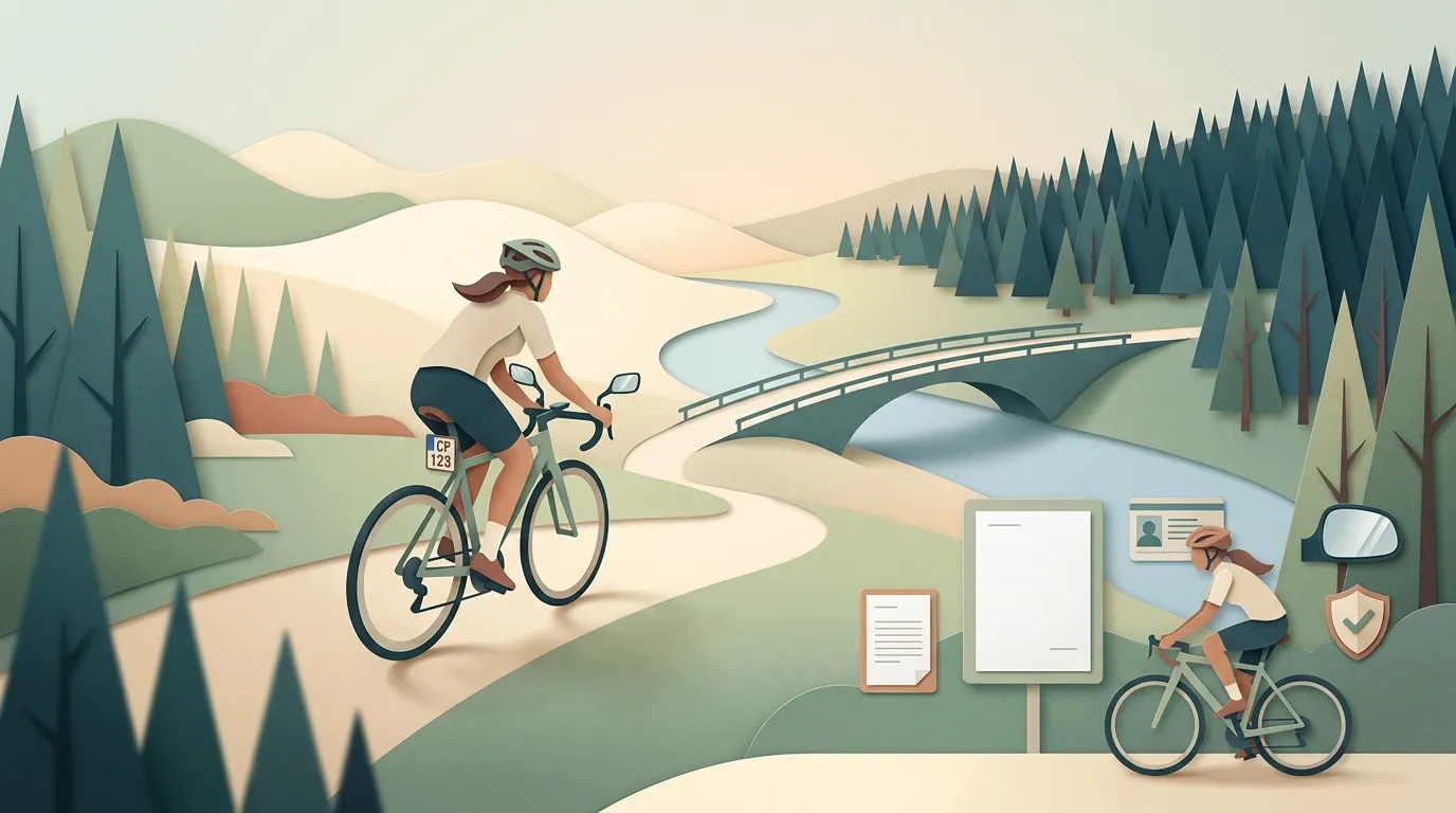 Cyclistes dans paysage forestier avec documents de s&eacute;curit&eacute; routi&egrave;re