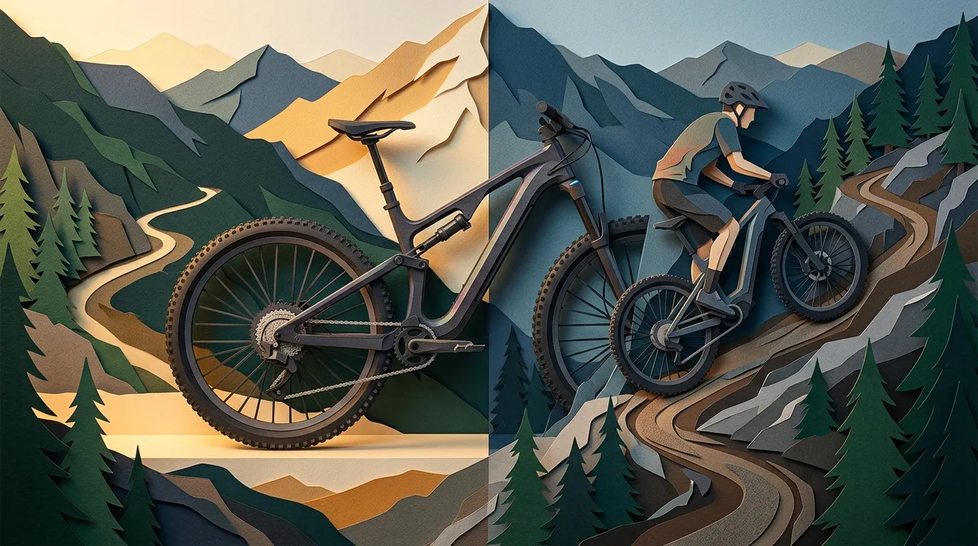Deux cyclistes sur bikes tout-terrain dans paysage montagneux