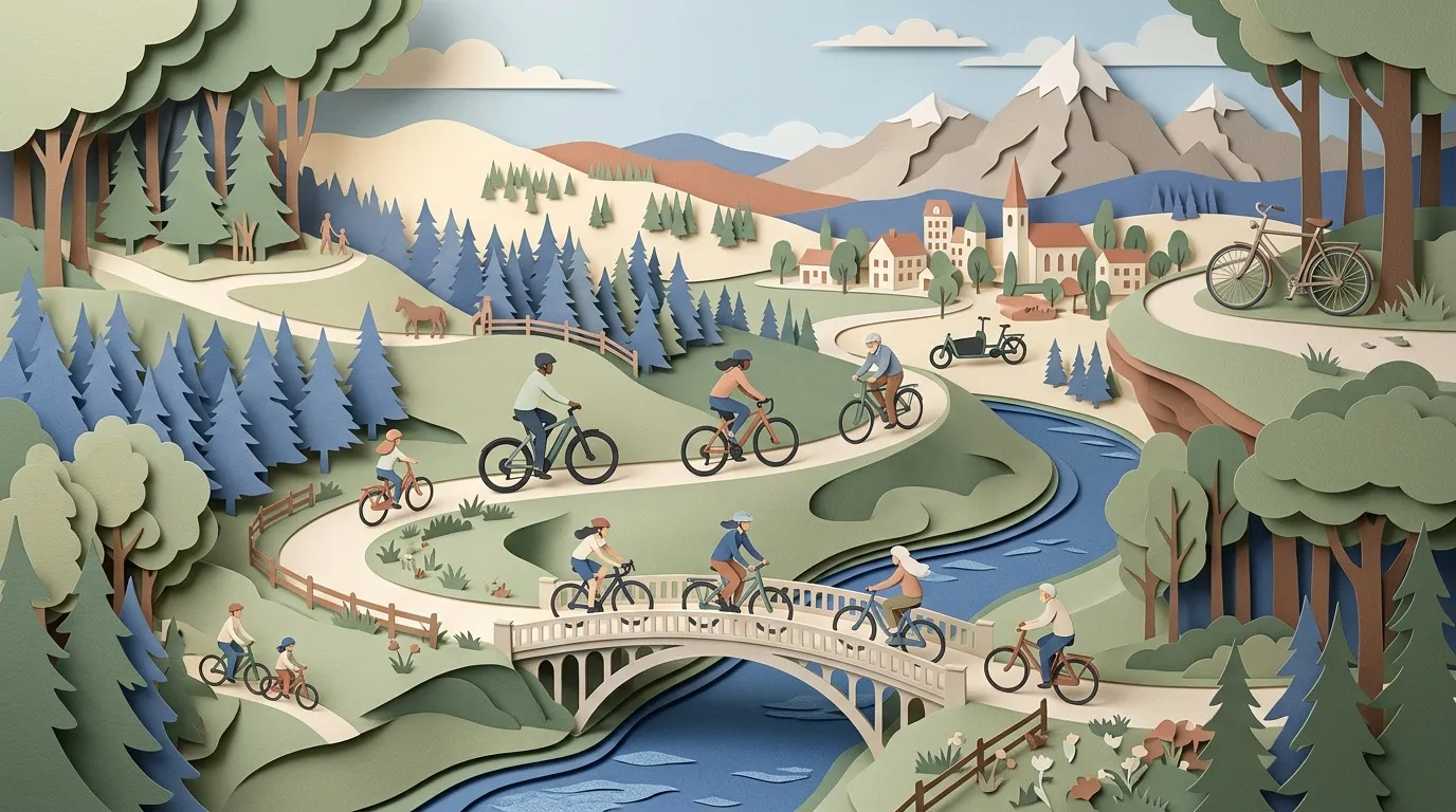 Paysage en papier découpé montrant des cyclistes sur un sentier traversant une rivière