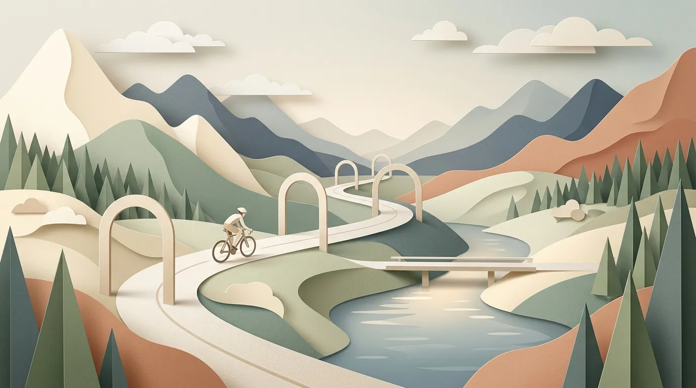 Illustration papier cycliste route montagnes arbres rivière