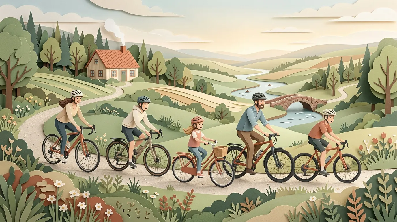 Famille à bicyclette sur route rurale avec maison et paysage verdoyant