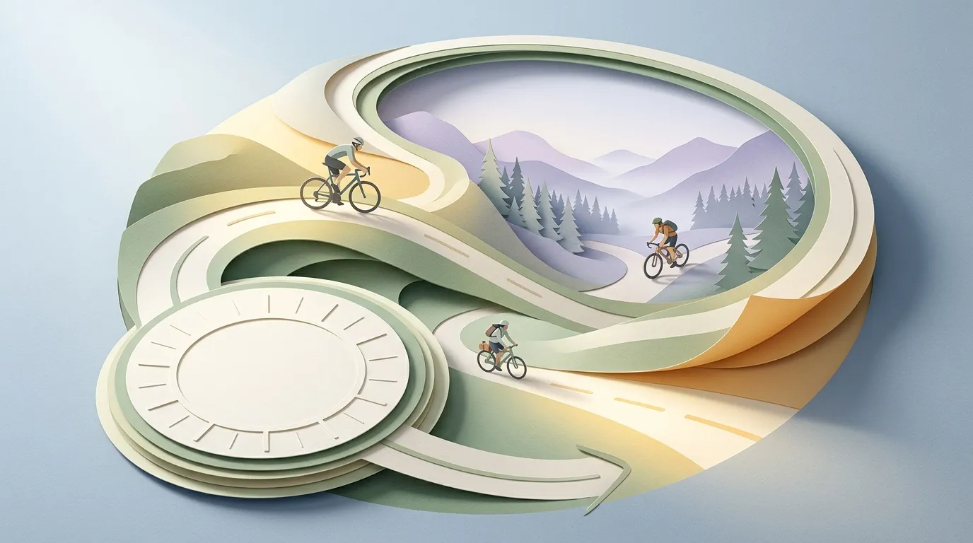 Illustration 3D en papier découpé montrant des cyclistes et une horloge