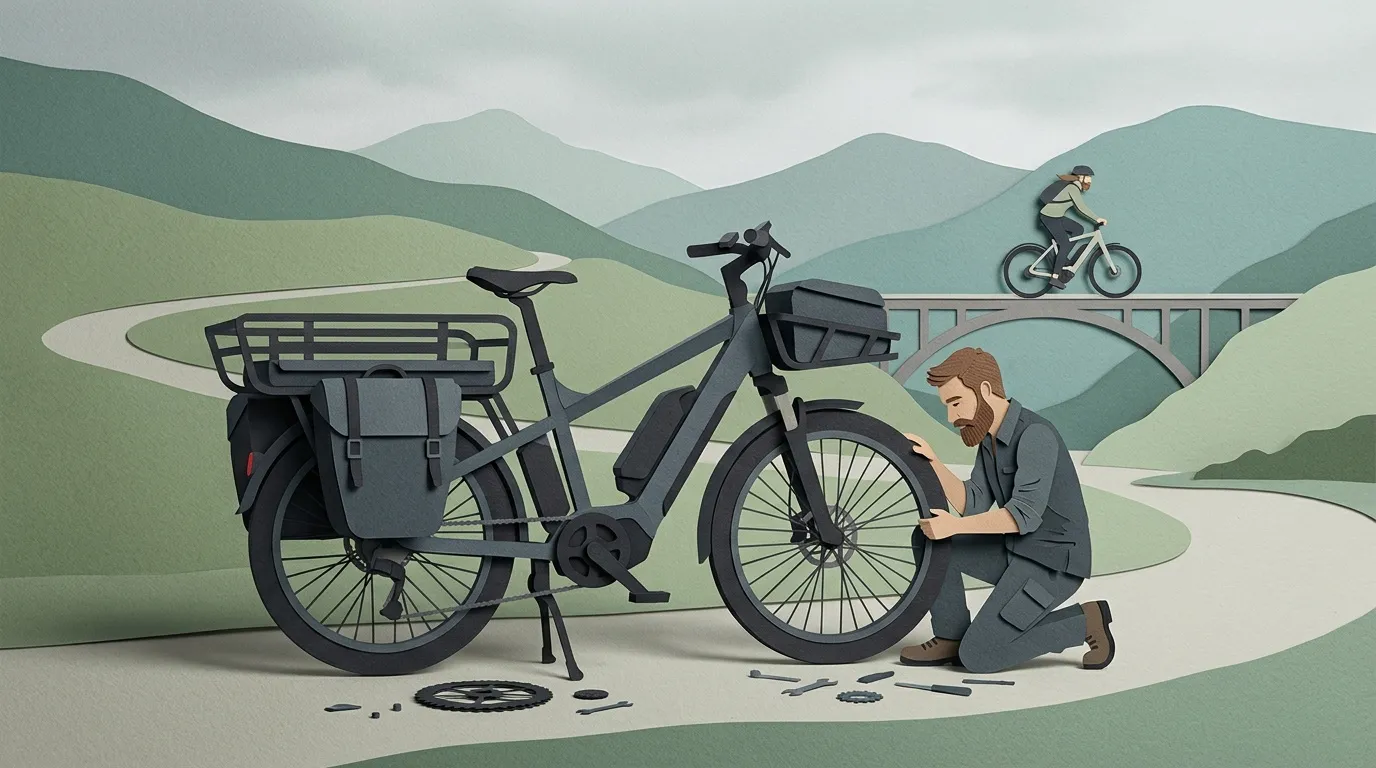 Homme réparant un vélo électrique dans paysage montagneux