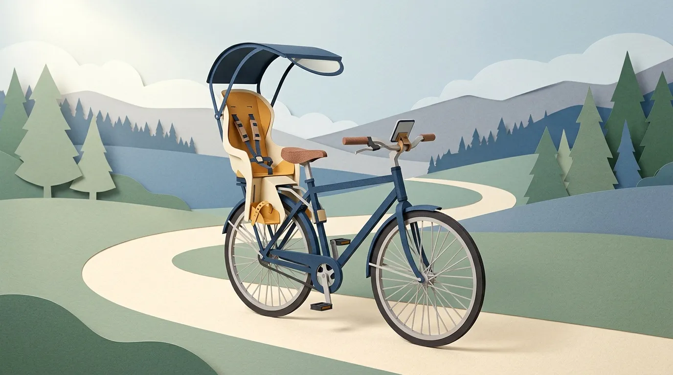 Bicyclette bleue avec siège bébé sur sentier montagneux