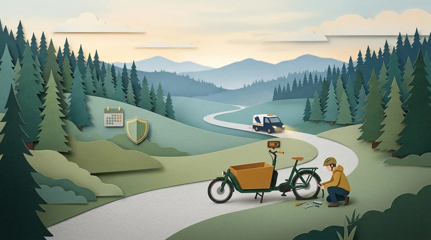 Personne réparant un vélo cargo électrique en montagne