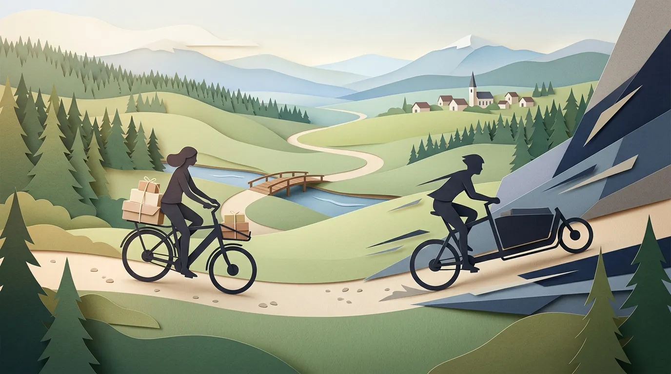 Deux cyclistes livrent des colis dans une vallée montagneuse pittoresque.