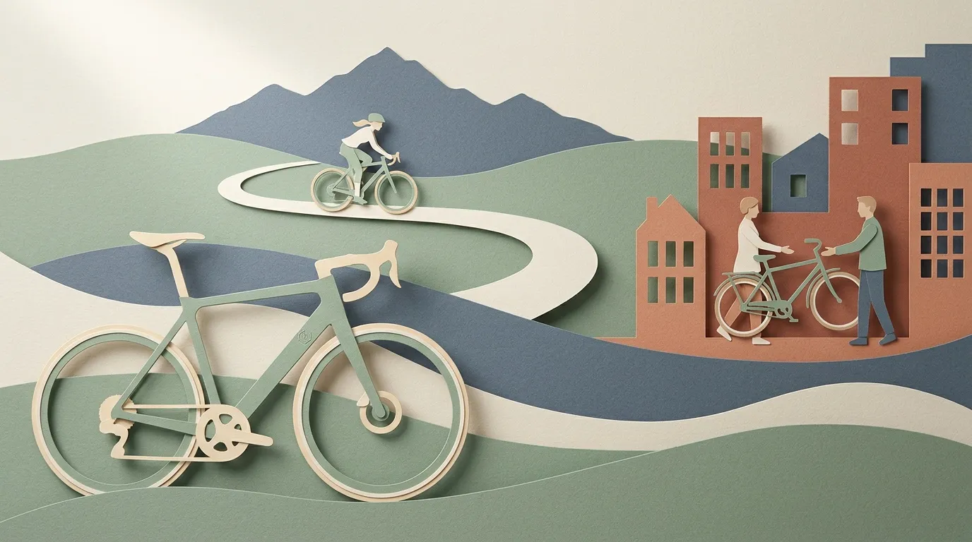 Illustration papier découpé : cyclistes en ville et montagne