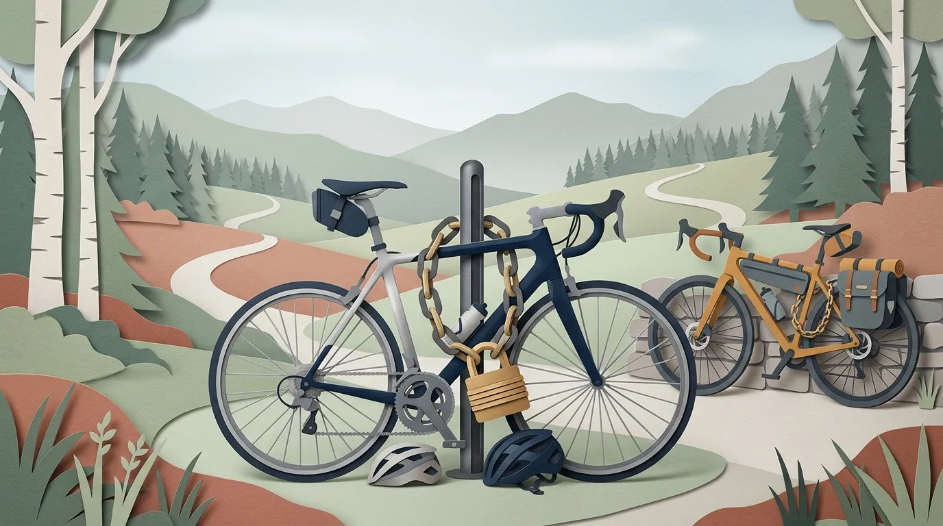 Trois vélos attachés à un poteau avec cadenas, paysage montagneux