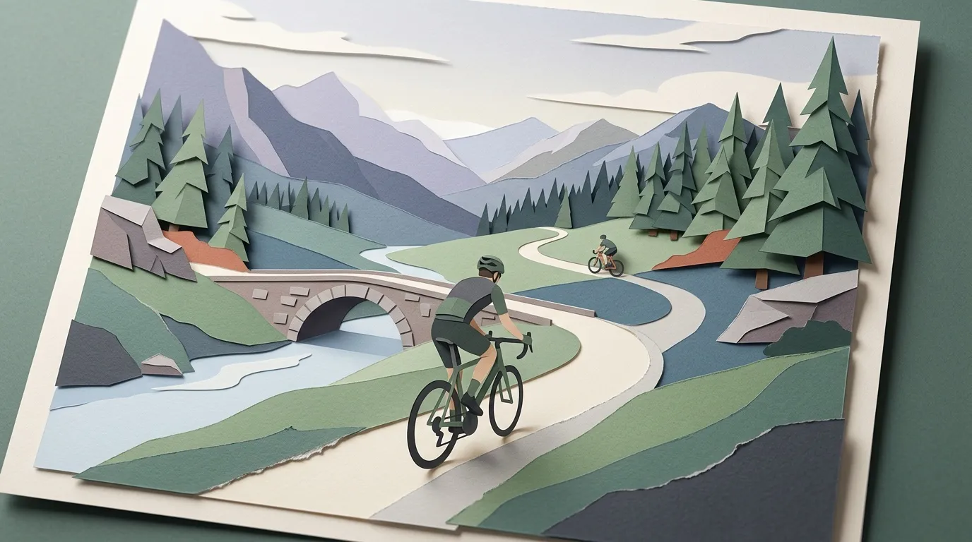 Art papier : cyclistes sur chemin montagneux avec pont et forêt