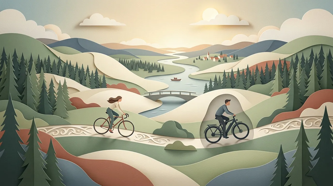 Deux cyclistes pédalent dans un paysage montagneux avec rivière et forêts.
