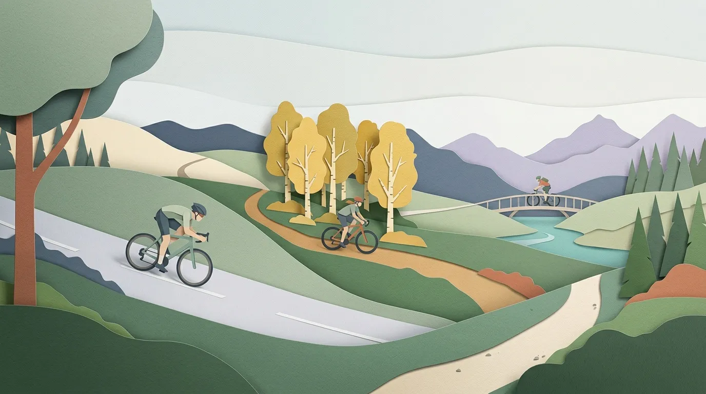 Deux cyclistes sur un chemin vallonné avec arbres et montagnes