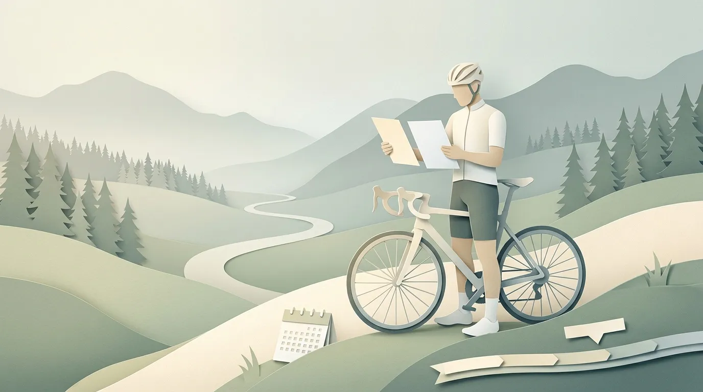 Cycliste avec v&eacute;lo consulte une carte en montagne