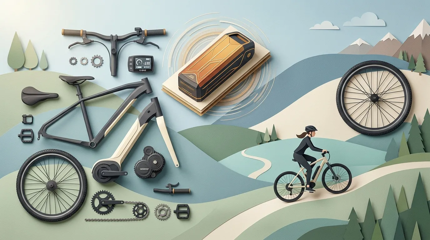 Pièces détachées vélo et cycliste en paysage montagneux
