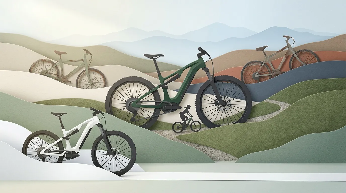 Plusieurs vélos électriques dans un paysage de collines verdoyantes