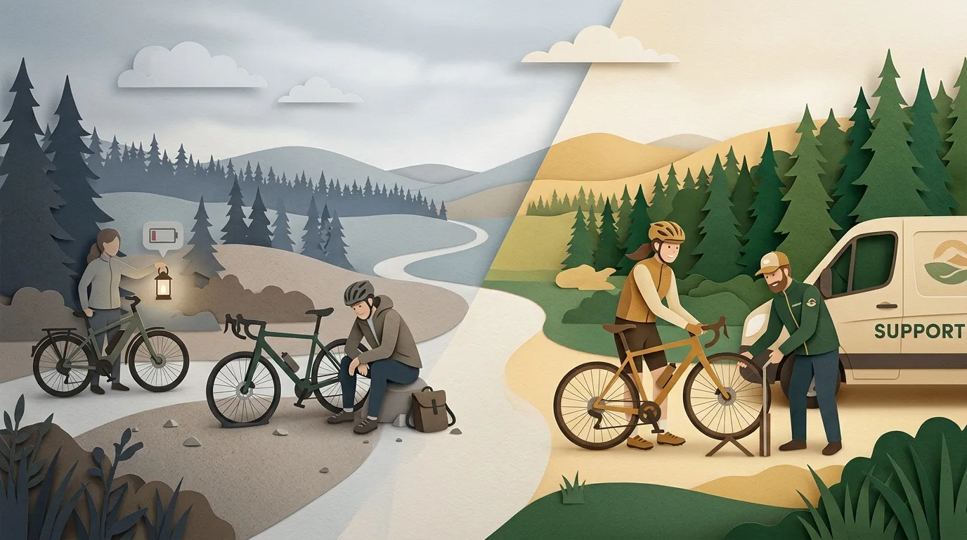 Deux scènes de cyclisme : cyclistes en difficulté et support routier
